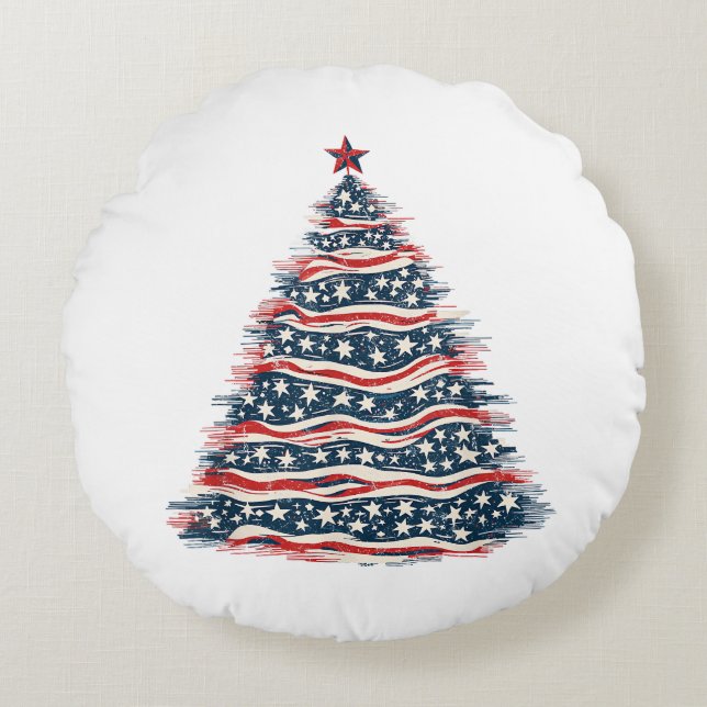 Patriotic American Flag Christmas Tree Round Cushion (Front)