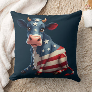 Patriotic American Flag Cow Illustration Cushion
