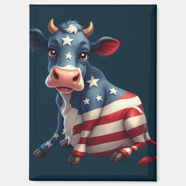 Patriotic American Flag Cow Illustration Magnet (Front)