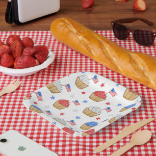 Patriotic American Flag Cupcakes Stars White Paper Plate