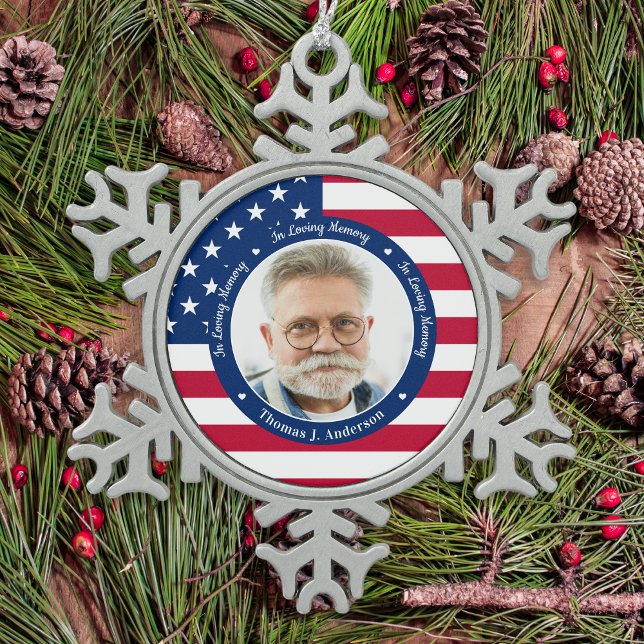 Patriotic American Flag Custom 2 Photo Memorial  Snowflake Pewter Christmas Ornament (Creator Uploaded)