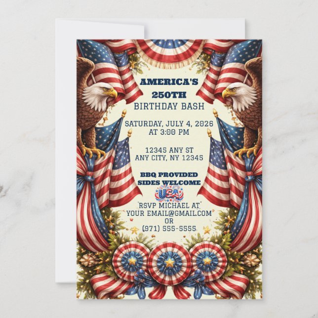 Patriotic American Flag & Eagles Birthday Invite (Front)
