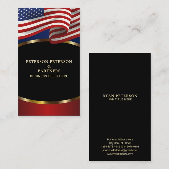 Patriotic American Flag Elegant Gold Accents Black Business Card (Front/Back)