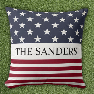 Patriotic American Flag Family Name Cushion