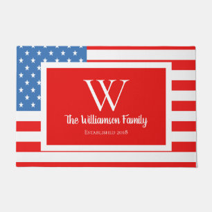 Patriotic American Flag & Family Name Doormat