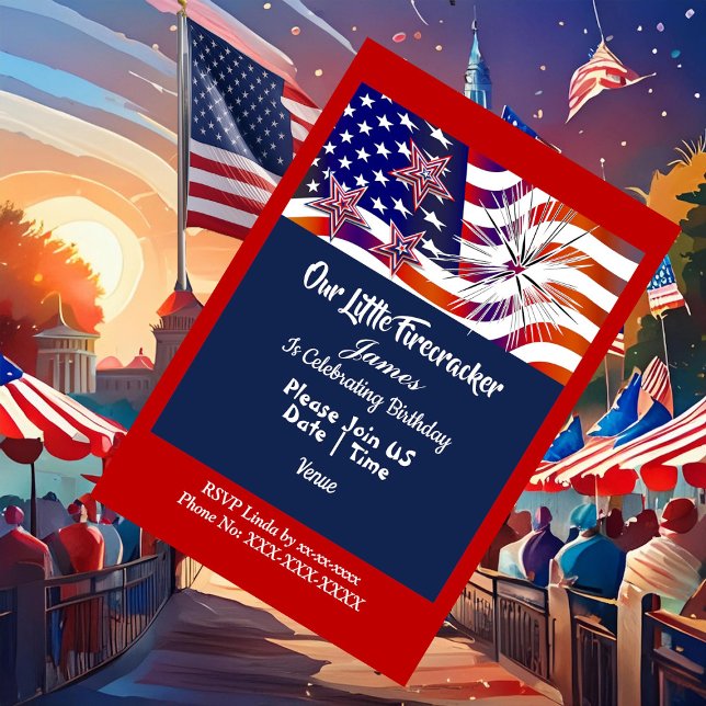 Patriotic American Flag Firecracker Birthday Boy Invitation (Patriotic American Flag Firecracker Birthday Boy Invitation)