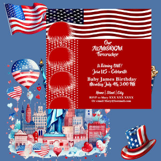 Patriotic American Flag Firecracker Birthday Boy Invitation