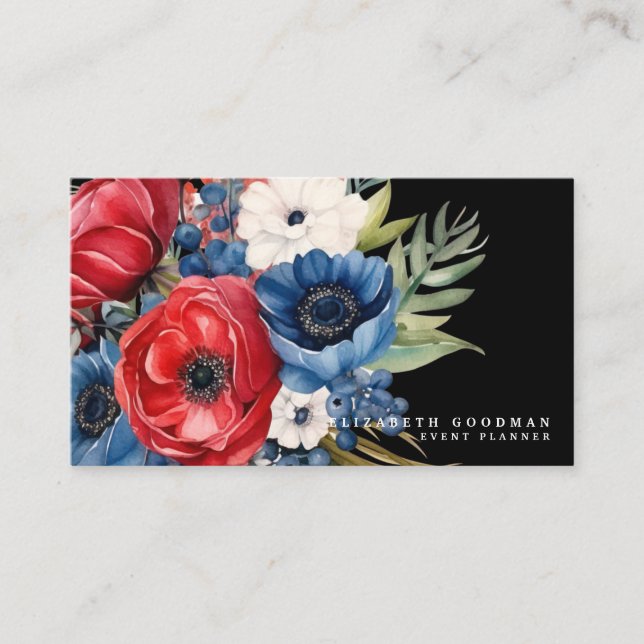 Patriotic American Flag Floral Business Cards (Front)