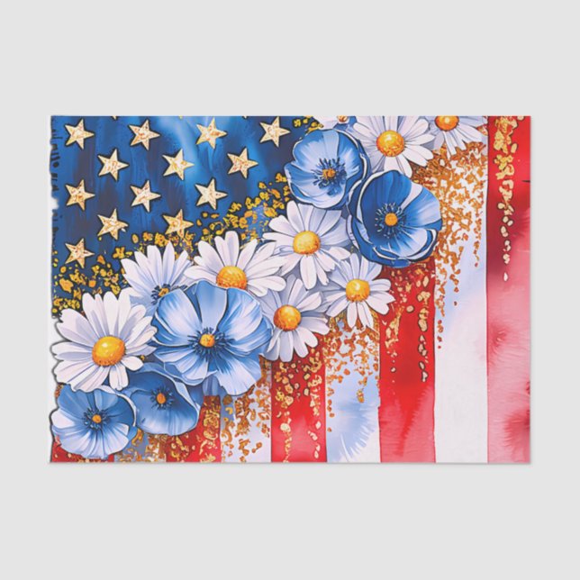 Patriotic American Flag Floral Glitter Tissue Paper (Front)