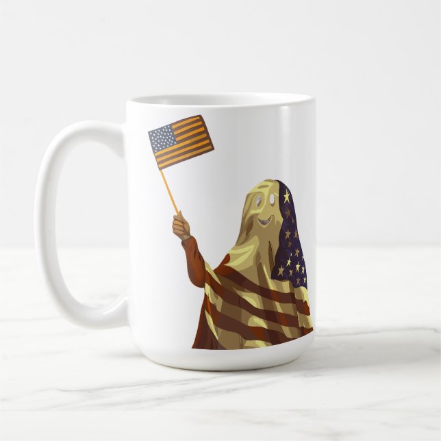 Patriotic American Flag Ghost Halloween Coffee Mug (Left)