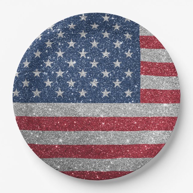 Patriotic American Flag Glitter Paper Plate (Front)