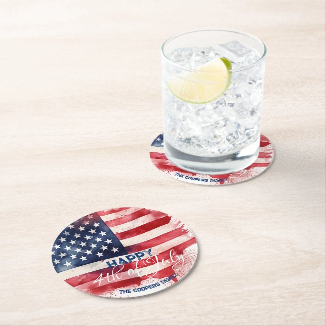 Patriotic American Flag Happy 4th of July Custom Round Paper Coaster (Insitu)