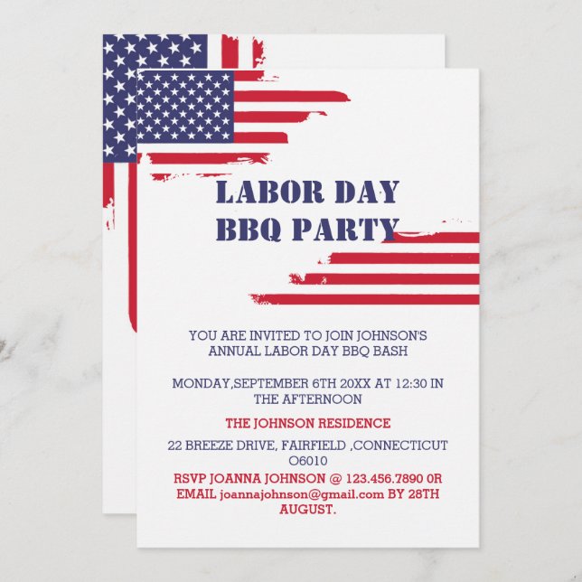 Patriotic American Flag Labour Day BBQ Party Invitation (Front/Back)