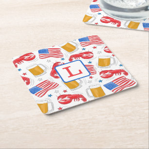 Patriotic American Flag Lobster Beer Monogram Square Paper Coaster