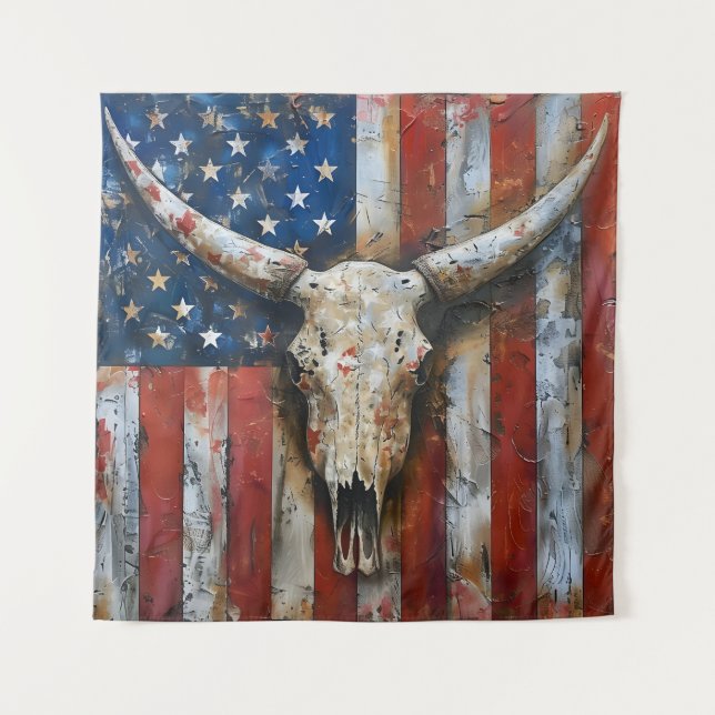 Patriotic American flag longhorn skull  Tapestry (Front)