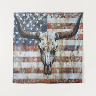 Patriotic American flag longhorn skull Tapestry