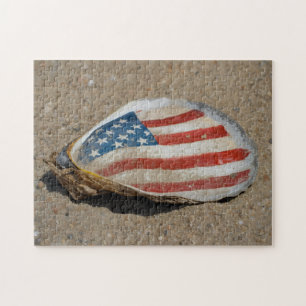 Patriotic American Flag Oyster Shell on Beach Jigsaw Puzzle