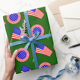 Patriotic American Flag Pattern on Green  Wrapping Paper