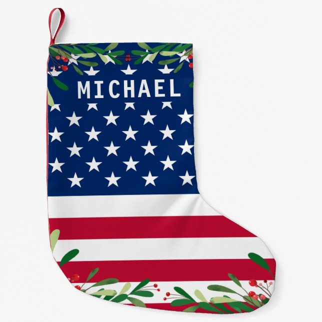 Patriotic American Flag Personalised Monogram Name Small Christmas Stocking (Front)