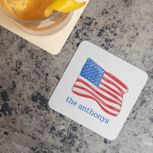 Patriotic American Flag Personalised Square Paper Coaster (Creator Uploaded)