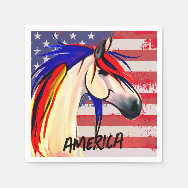 Patriotic American Flag Red White and Blue Horse Napkin (Front)