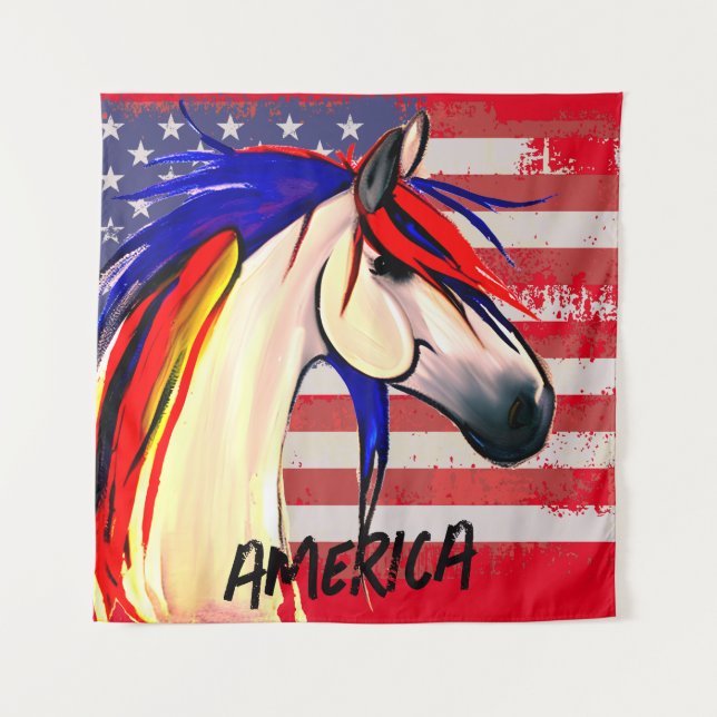 Patriotic American Flag Red White and Blue Horse Tapestry (Front)