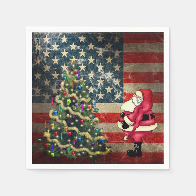 Patriotic American Flag, Santa and Christmas Tree Napkin (Front)