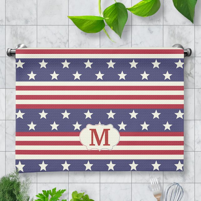 Patriotic American Flag Stars and Stripes Monogram Tea Towel (Creator Uploaded)
