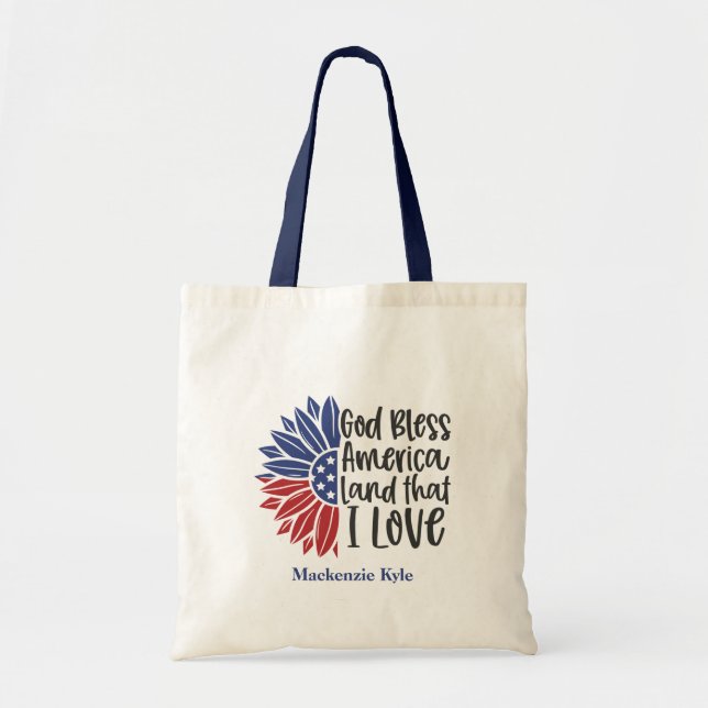 Patriotic American Flag Sunflower Quote Monogram Tote Bag (Front)