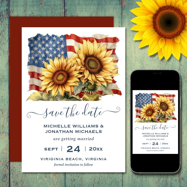 Patriotic American Flag Sunflower Wedding Save The Date (Printed (front and back) and Digital Patriotic American Flag Sunflower Wedding Save The Date)