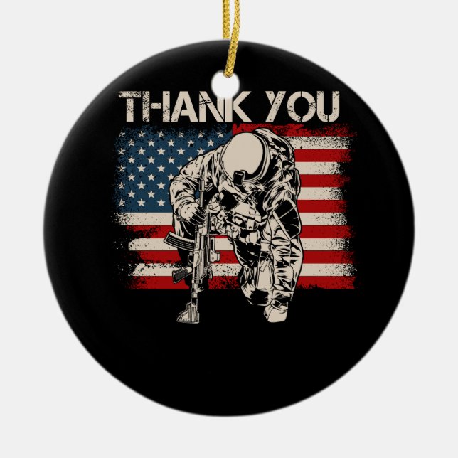Patriotic American Flag Thank You Veteran Independ Ceramic Ornament (Front)