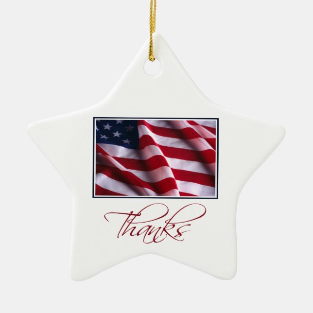 Patriotic American Flag Thanks in Red Ceramic Tree Decoration (Front)