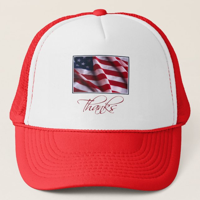 Patriotic American Flag Thanks in Red Trucker Hat (Front)