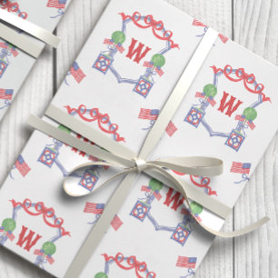 Patriotic American Flag Topiary Monogram Crest Wrapping Paper