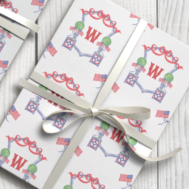 Patriotic American Flag Topiary Monogram Crest Wrapping Paper (Creator Uploaded)