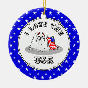 Patriotic American Flag USA Maltese Dog - Cute Ceramic Ornament