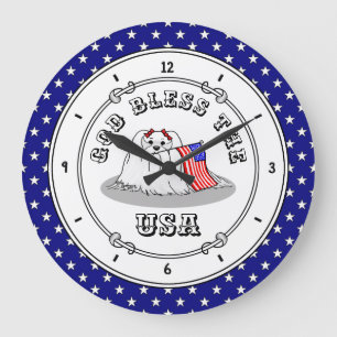 Patriotic American Flag USA Maltese Dog - Cute Large Clock