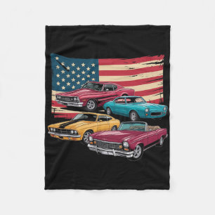 Patriotic American Flag Vintage Muscle Car Fleece Blanket
