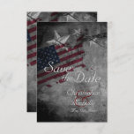 Patriotic American Flag Wedding Save the Date Invitation<br><div class="desc">This design feature The United States with a Patriotic American Flag.  There are also decorative stars and a grey and black grunge background.  This Save the Date wedding announcement is perfect for Patriotic,  Military and 4th of July Weddings in Shades of Red,  White,  Blue,  Grey and Black.  -</div>