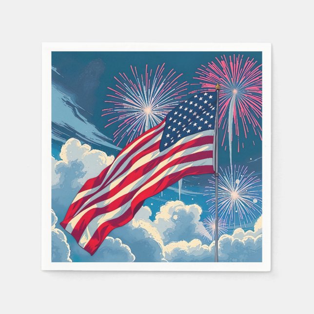 Patriotic American Flag with Fireworks – 4th July Napkin (Front)