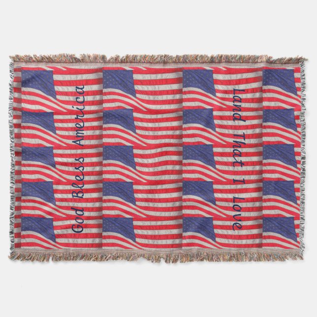 Patriotic American Flags God Bless America Throw Blanket (Front)