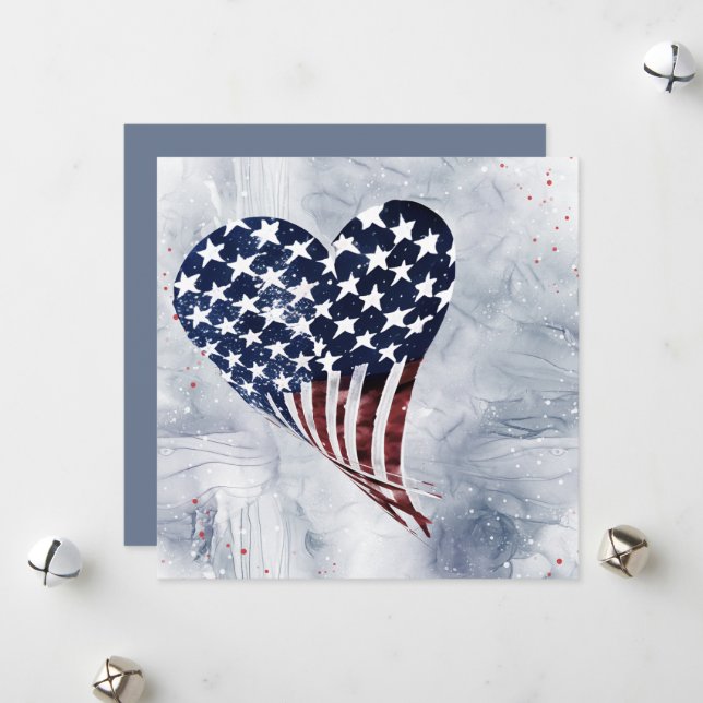 Patriotic American Floating Heart Art  Holiday Card (Front/Back In Situ)
