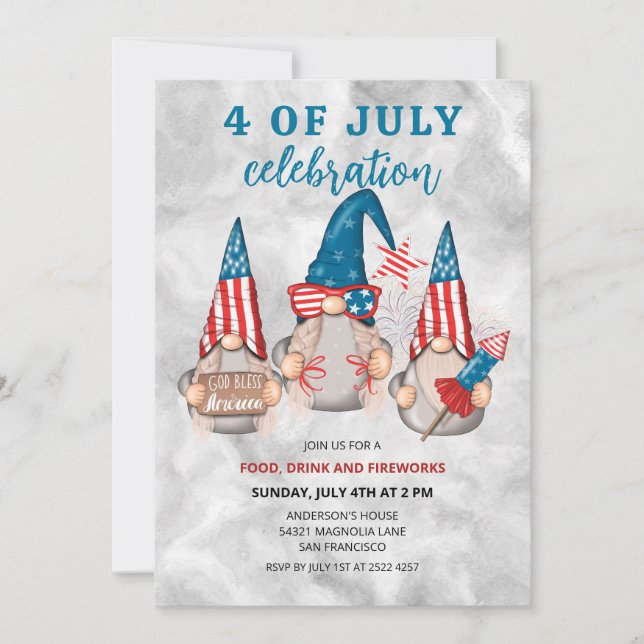 Patriotic American Gnomes 4th Of July Invitations (Front)