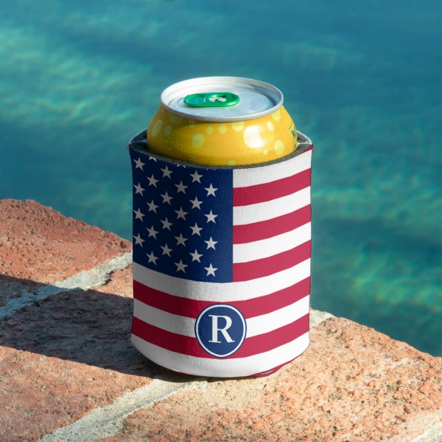 Patriotic American  Red White Blue Custom Monogram Can Cooler (In Situ Pool)