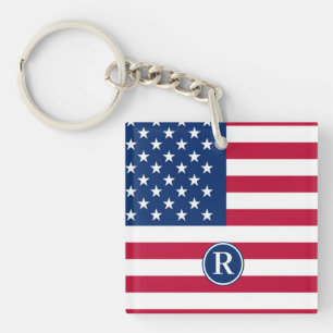 Patriotic American  Red White Blue Custom Monogram Key Ring