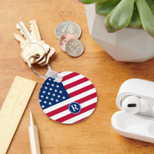 Patriotic American  Red White Blue Custom Monogram Key Ring