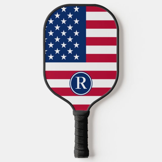 Patriotic American  Red White Blue Custom Monogram Pickleball Paddle (Front)