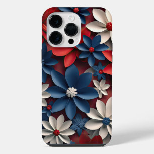PATRIOTIC AMERICAN RED WHITE BLUE FLOWERS iPhone 14 PRO MAX CASE