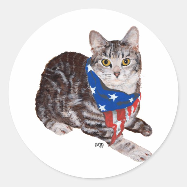 Patriotic American Shorthair Tabby Cat Classic Round Sticker (Front)