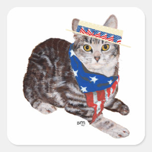 Patriotic American Shorthair Tabby Cat Square Sticker